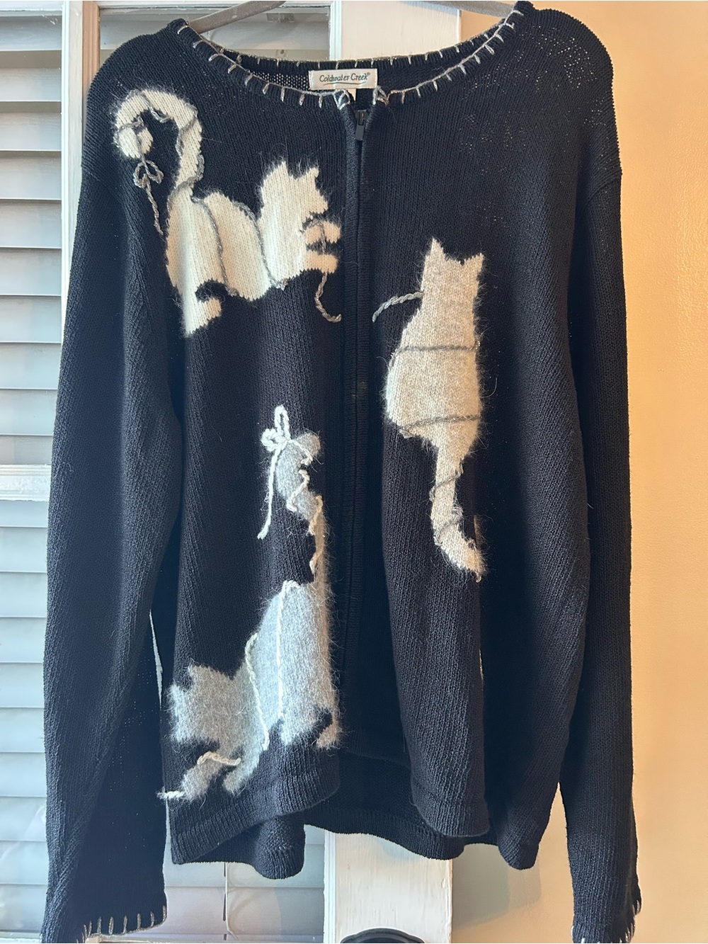 Coldwater Creek Black Zip-Up Cardigan Sweater w/Cat Motif